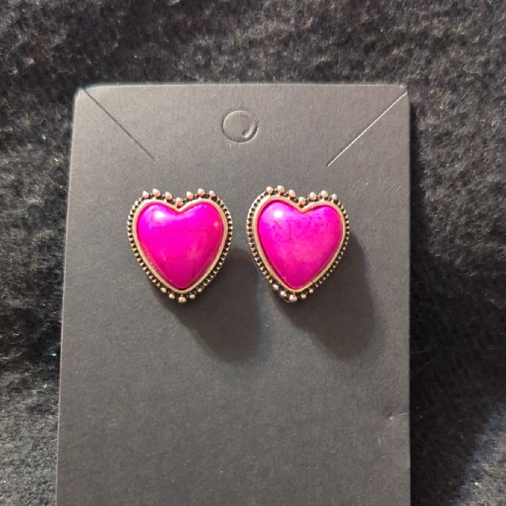 Silver Plated Pink Dyed Howlite Gemstone Heart Shaped Stud Statement Earrings